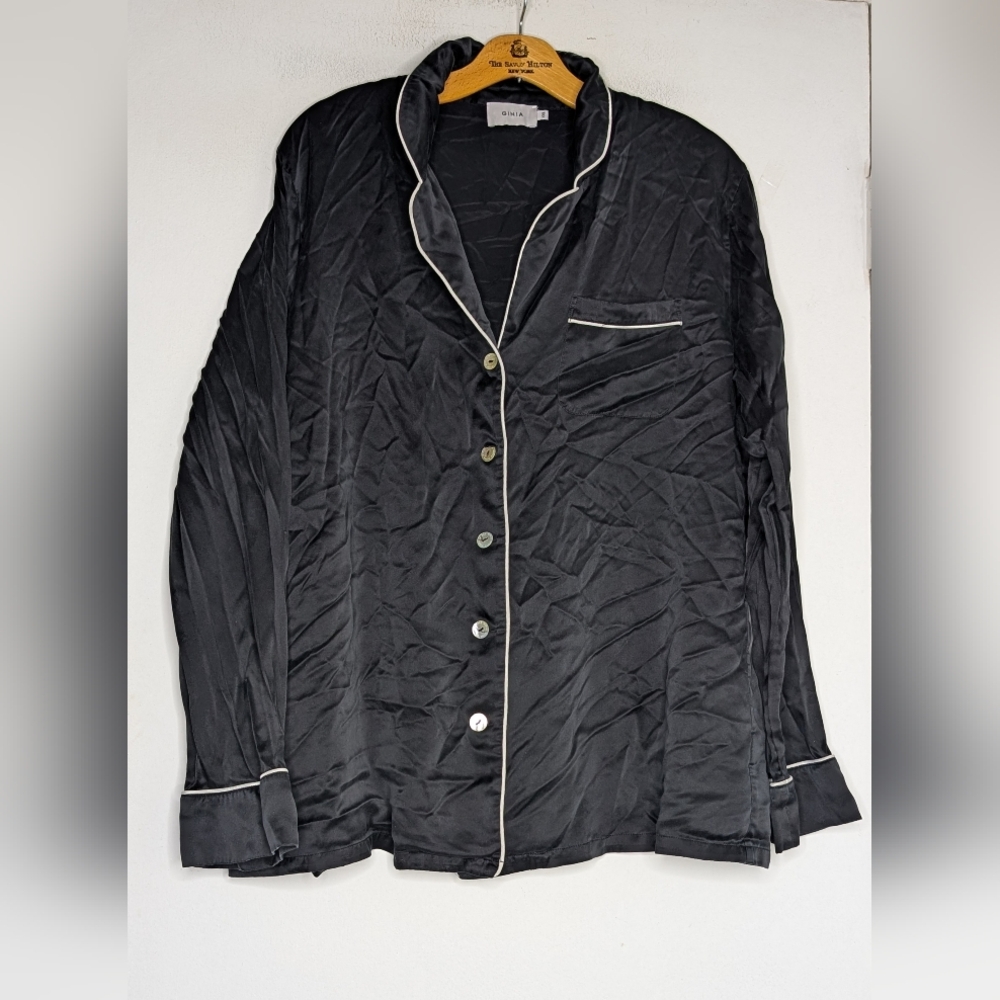 GINIA SILK PAJAMA BUTTON DOWN LONG SEEVE TOP , BLACK Size XXL PLUS SIZE